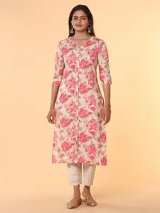 Vismay Floral Printed Round Neck Three Quarter Sleeves Cotton Straight Kurta