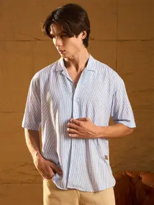 DENNISON Men Relaxed Cuban Collar Vertical Striped Oversized Casual Shirt