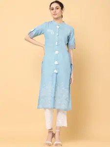 all about you Ethnic Motifs Printed Mandarin Collar Roll-Up Sleeves Cotton Straight Kurta