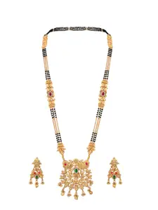 Peora Gold-Plated Artificial Stones and Beads Mangalsutra & Earrings