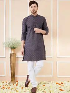 See Designs Ethnic Motifs Printed Mandarin Collar Jacquard Silk Straight Kurta