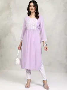Vishudh Lavendar Floral Embroidered Thread Work Round Neck Straight Kurta