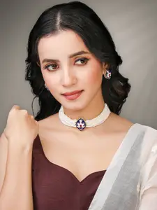 Peora Gold-Plated Stone Studded & Beaded Necklace and Earrings