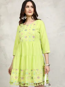 Vishudh Women Cotton Round Neck Three-Quarter Sleeves Embroidered A-Line Mini Dress