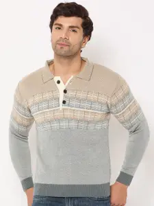 Duke Men Striped Shirt Collar Pullover Sweater