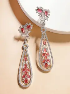 KARATCART Silver-Plated American Diamond Studded Contemporary Drop Earrings
