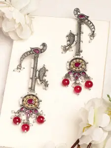 KARATCART Silver-Plated Kundan Studded Peacock Design Tribal Drop Earrings