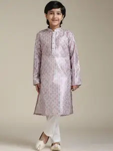 Manyavar Boys Floral Printed Mandarin Collar Sequinned Straight Kurta With Pyjamas
