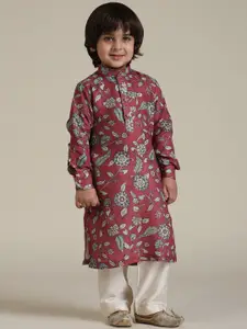 Manyavar Boys Floral Printed Mandarin Collar Straight Kurta With Pyjamas