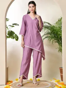 Sangria V-Neck Three-Quarter Flared Sleeves Top With Trouser