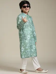 Manyavar Boys Floral Printed Mandarin Collar Straight Kurta with Pyjamas