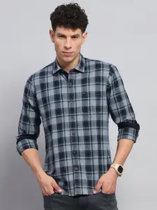 Monte Carlo Men Spread Collar Tartan Checked Cotton Slim Fit Casual Shirt