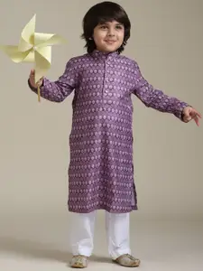Manyavar Boys Floral Printed Mandarin Collar Straight Kurta With Pyjamas