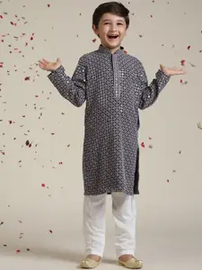 Manyavar Boys Geometric Embroidered Chikankari Sequinned Straight Kurta With Pyjamas