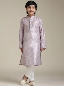 Manyavar Boys Floral Printed Mandarin Collar Thread Work Straight Kurta With Pyjamas