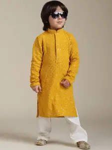Manyavar Boys Floral Embroidered Mandarin Collar Sequined Straight Kurta With Pyjamas