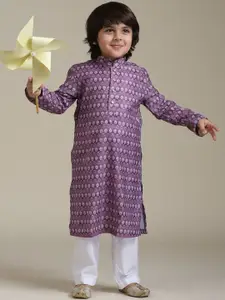 Manyavar Boys Floral Printed Mandarin Collar Straight Kurta With Pyjamas