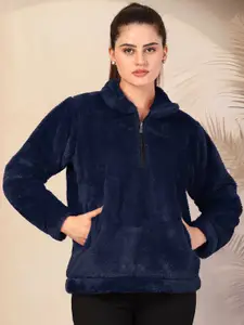 KLOTTHE Women Blue Solid Woolen Fur Winter Jacket