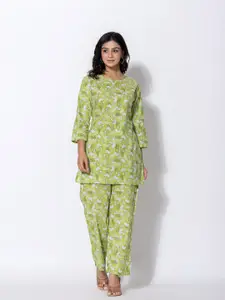 DHANOTA Printed Pure Cotton Top With Trousers Co-Ords Night Suit Set