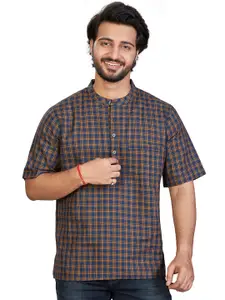 Authentics Checked Band Collar Pure Cotton Straight Short Kurta