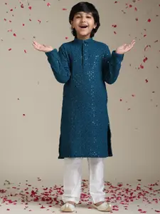 Manyavar Boys Floral Embroidered Regular Chikankari Straight Kurta with Pyjamas