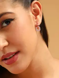 SOHI Rose Gold-Plated Stone Studded Contemporary Charm Huggie Hoop Earrings