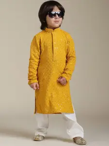 Manyavar Boys Floral Embroidered Mandarin Collar Sequinned Straight Kurta with Pyjamas