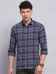 Monte Carlo Men Spread Collar Tartan Checked Cotton Casual Shirt