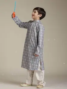 Manyavar Boys Floral Printed Mandarin Collar Sequinned Straight Kurta With Pyjamas