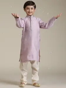 Manyavar Boys Mandarin Collar Regular Thread Work Straight Kurta with Pyjamas