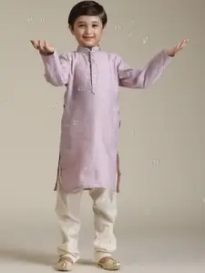 Manyavar Boys Floral Embroidered Thread Work Mandarin Collar Straight Kurta With Pyjamas