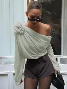 MIAKEE Women Floral One-Shoulder Flared Sleeve Top