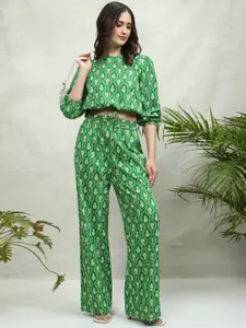 Tokyo Talkies Ethnic Motifs Printed Round Neck Long Sleeves Crop Top & Trouser
