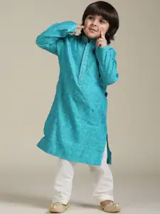 Manyavar Boys Floral Embroidered Thread Work Mandarin Collar Straight Kurta With Pyjamas