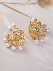 Rubans 22K Gold-Plated Cubic Zirconia Studded Earrings with Pearl Drop