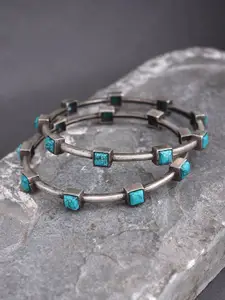 JAYPORE Set Of 2 Pure Silver Turquoise Studded Oxidised Bangles