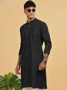 Anouk Green Striped Mandarin Collar Cotton Kurta