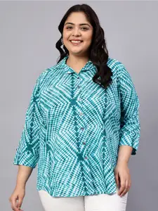 Indietoga Women Plus Size Classic Cuban Collar Abstract Printed Cotton Casual Shirt