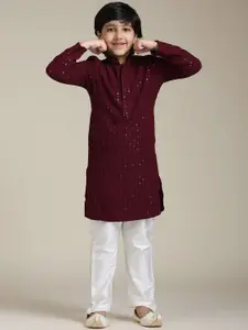 Manyavar Boys Floral Embroidered Mandarin Collar Chikankari Straight Kurta With Pyjamas