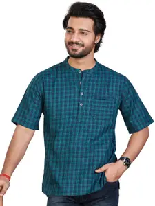 Authentics Checked Band Collar Pure Cotton Straight Short Kurta