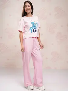 Tokyo Talkies Disney Women Stitch Printed Pure Cotton Boxy Fit T Shirt With Pant Co Ords