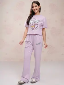 Tokyo Talkies Lavender Dumbo Printed Round Neck Short Sleeves T Shirt With Trouser
