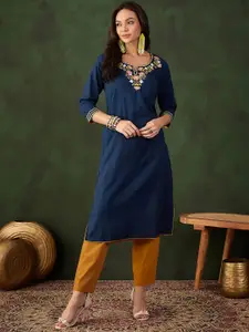 Sangria Blue Floral Embroidered Notch Neck Straight Kurta