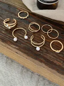YU FASHIONS Set Of 8 Gold Plated Stainless Steel Pearl & Rhinestone Finger Rings