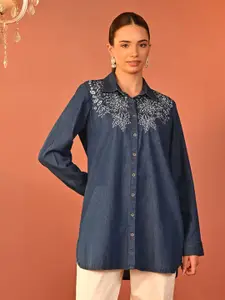 Lakshita Women Relaxed Spread Collar Floral Embroidered Denim Relaxed Fit Casual Shirt