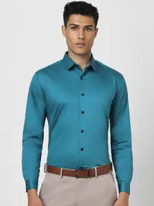 V Dot Men Spread Collar Solid Cotton Slim Fit Formal Shirt