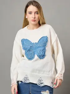 KASMA Women Quirky Woollen Self Design Pullover Sweater with Embellished Detail