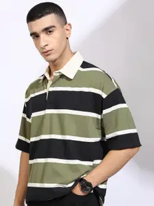 HIGHLANDER Men Striped Polo Collar Oversized T-shirt