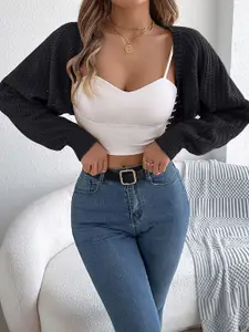 StyleCast x Revolte Black Self Design Open Front Crop Acrylic Shrug