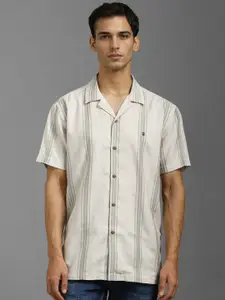 Louis Philippe Jeans Men Cuban Collar Vertical Striped Cotton Slim Fit Casual Shirt